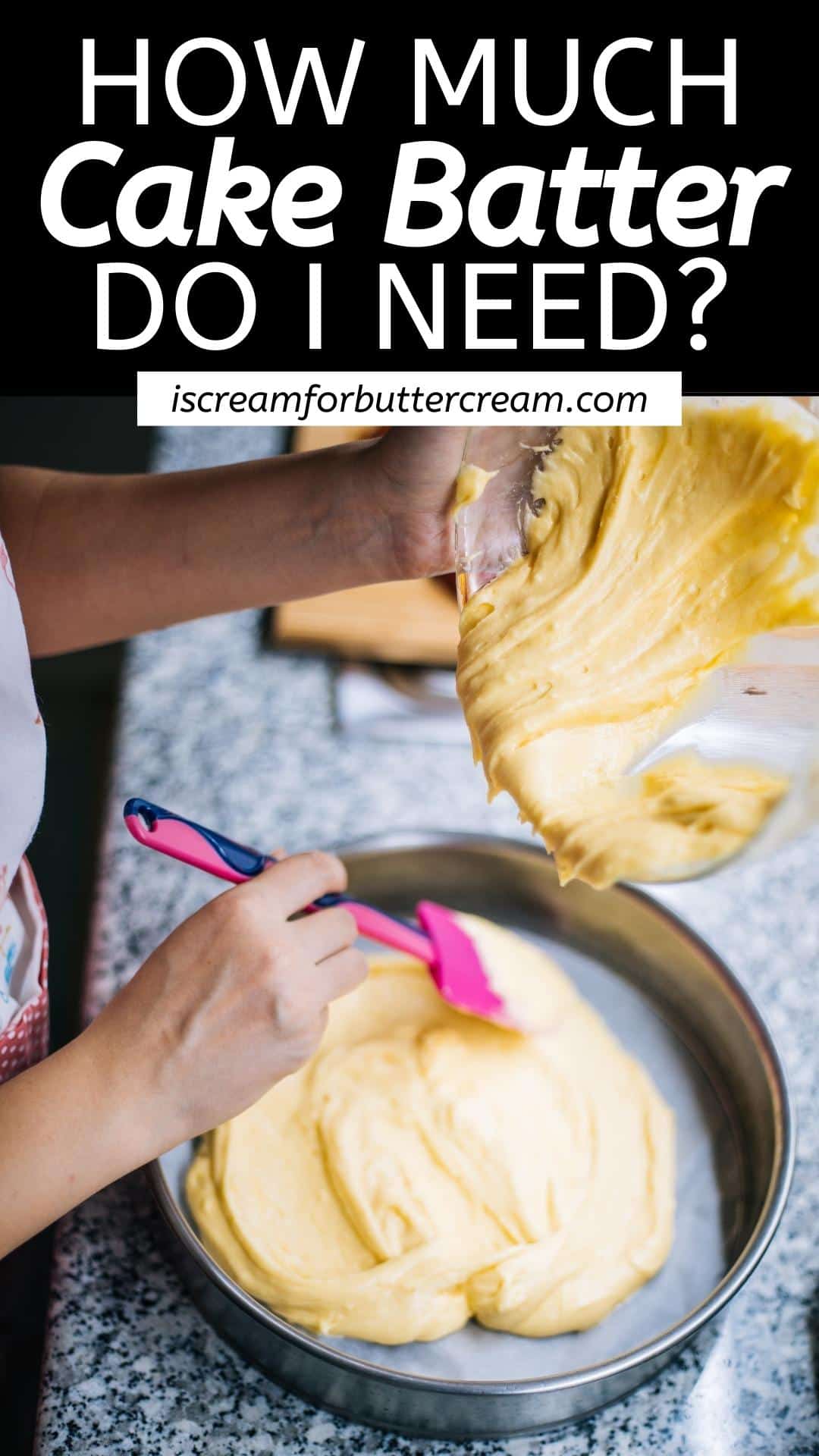 Pin image for how much cake batter with text and cake batter in a pan.