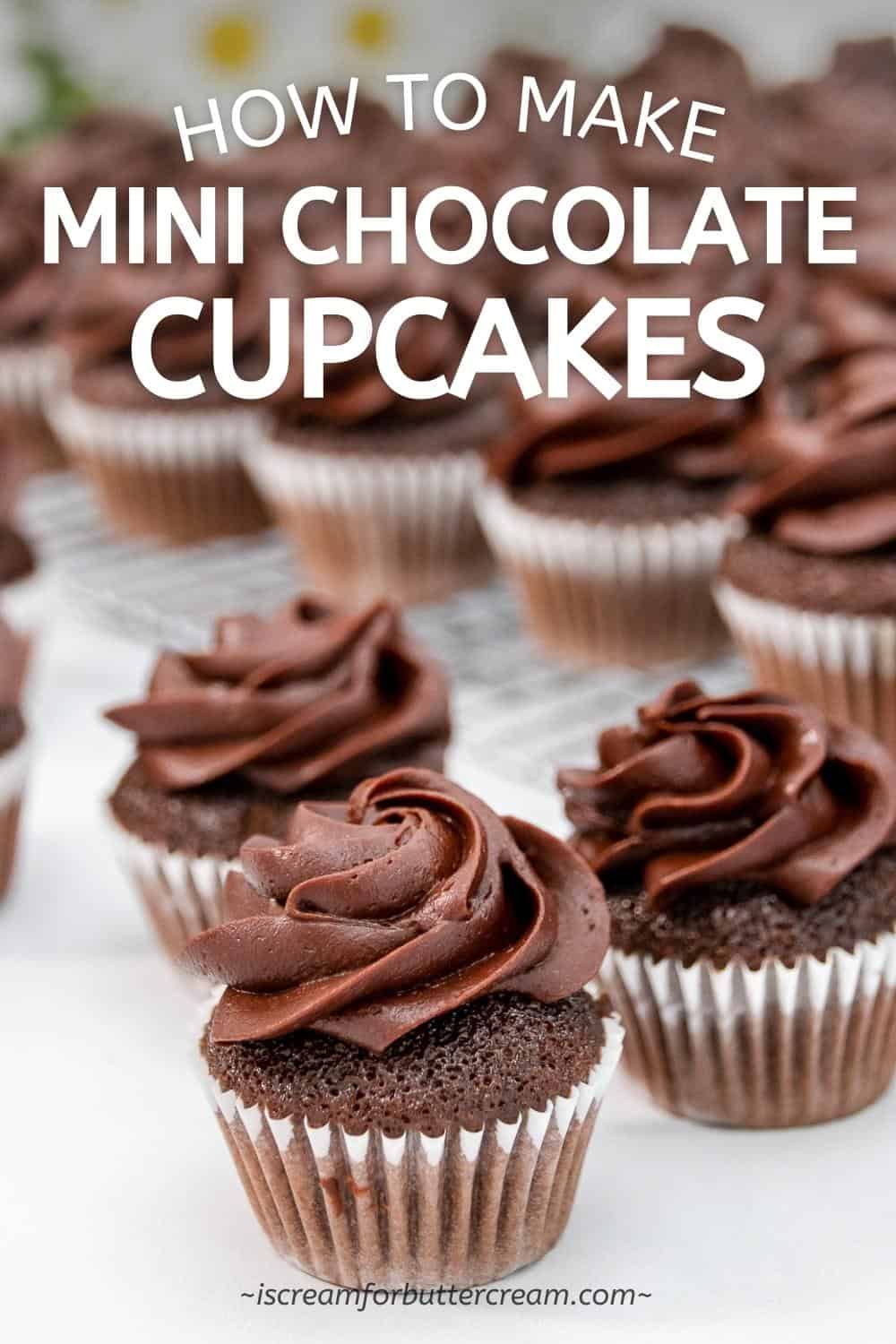 Pin image with close up of one mini cupcake.