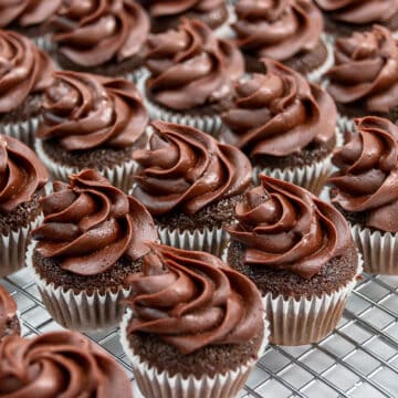 Close up view of mini cupcakes with frosting.