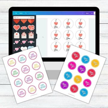 Making cupcake toppers on computer screenshot on a wooden background.