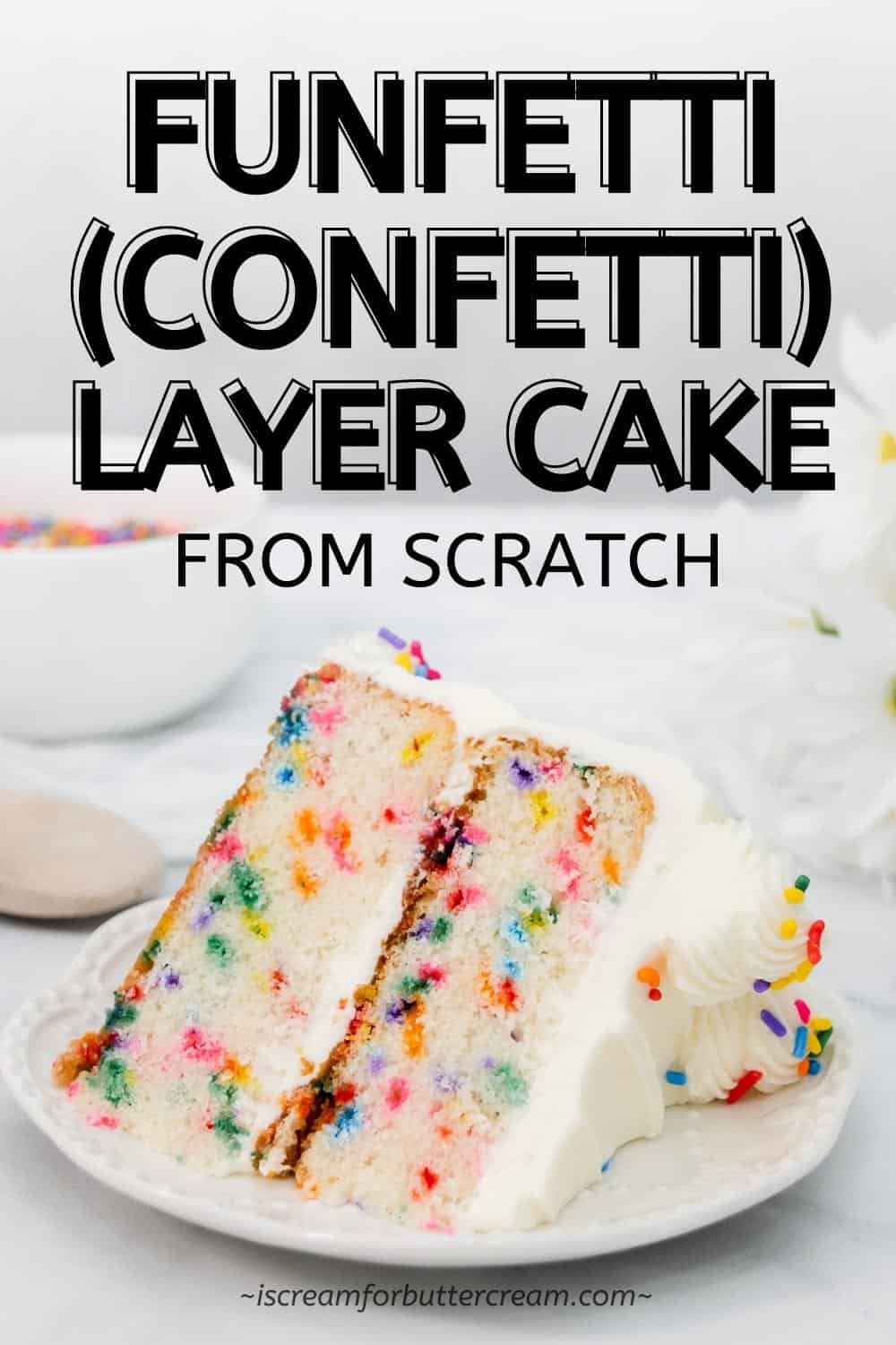 Slice of confetti cake on a white plate with text overlay pin 1.