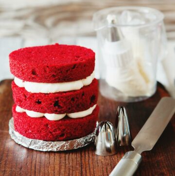 Small red velvet layer cake.