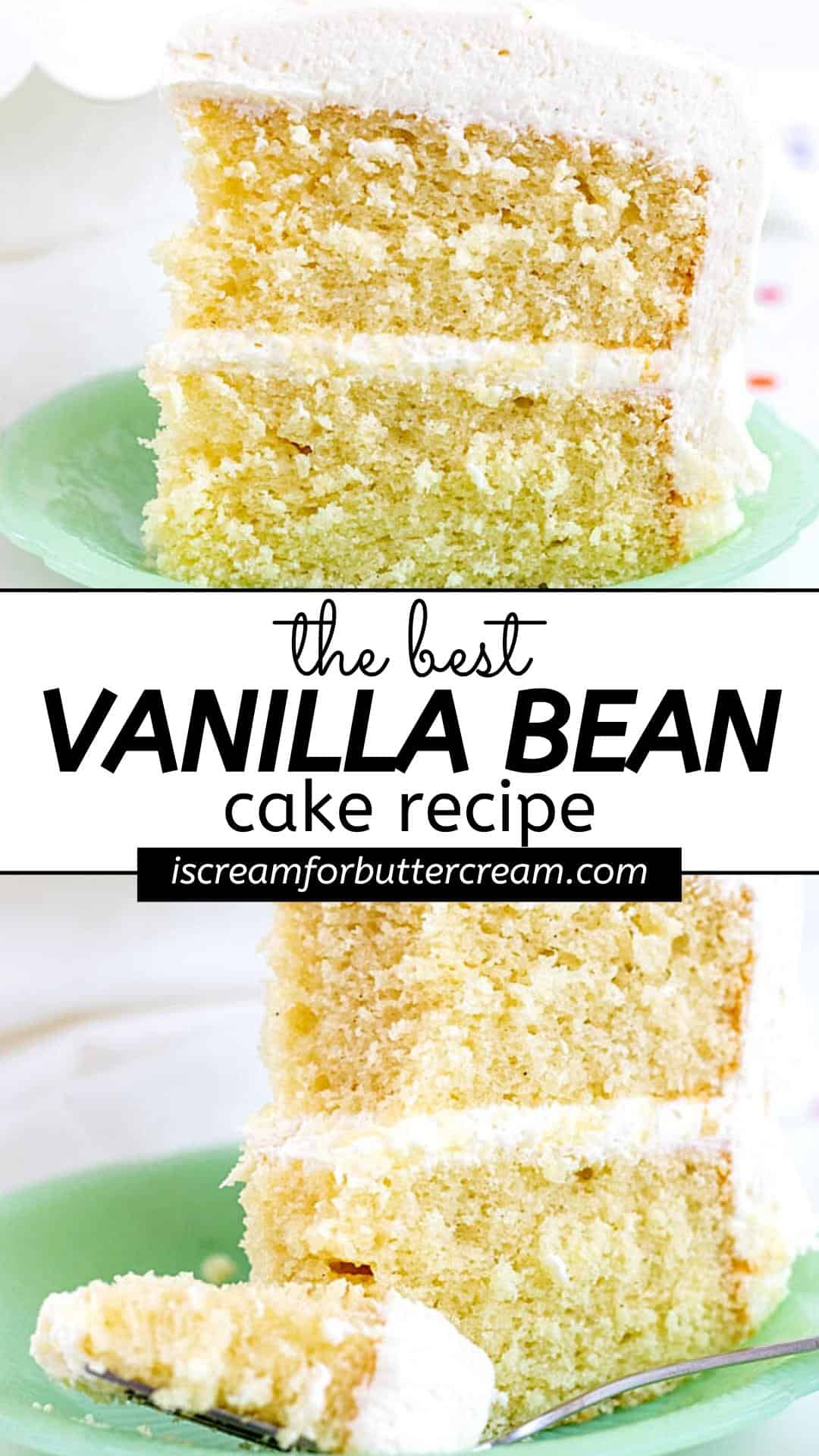 Collage of vanilla bean layer cake with text pin.