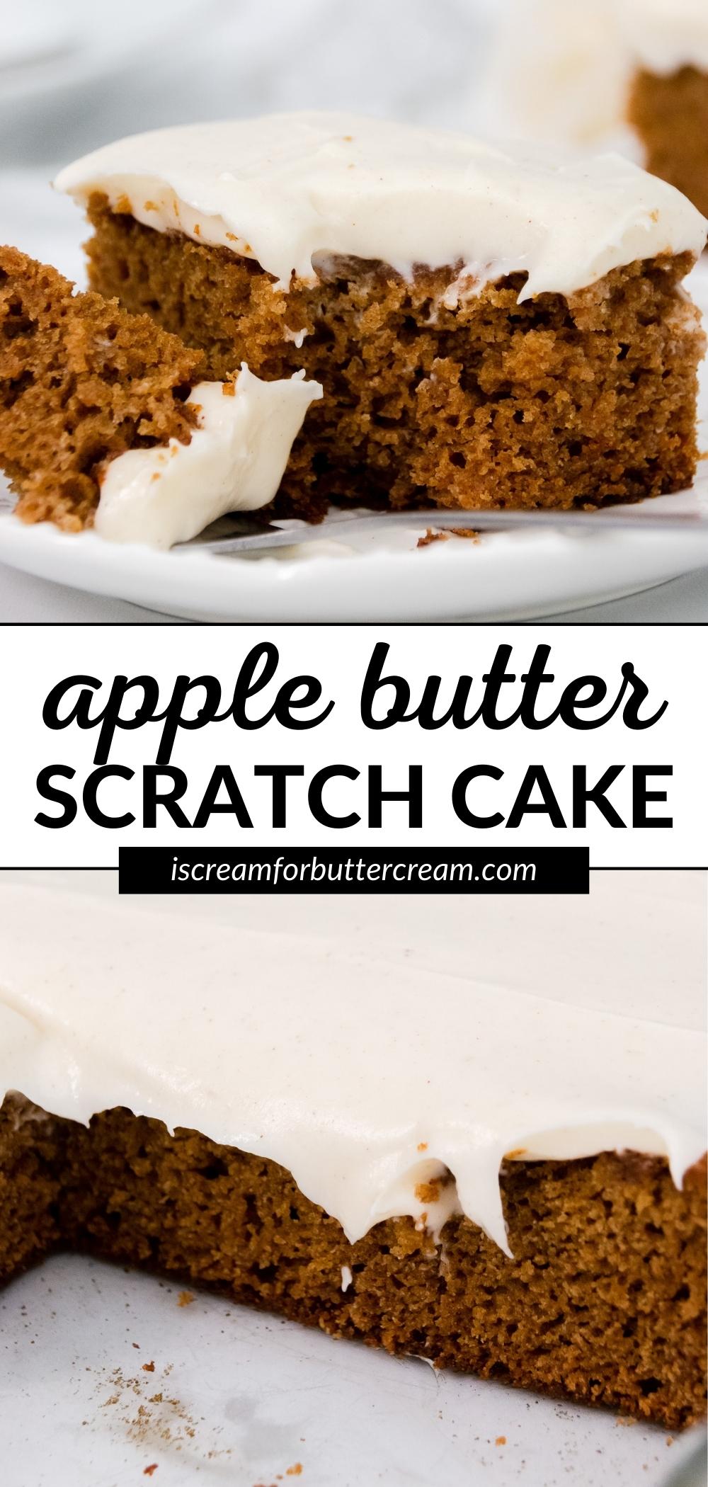 Collage of apple butter cake on white plates with text overlay.