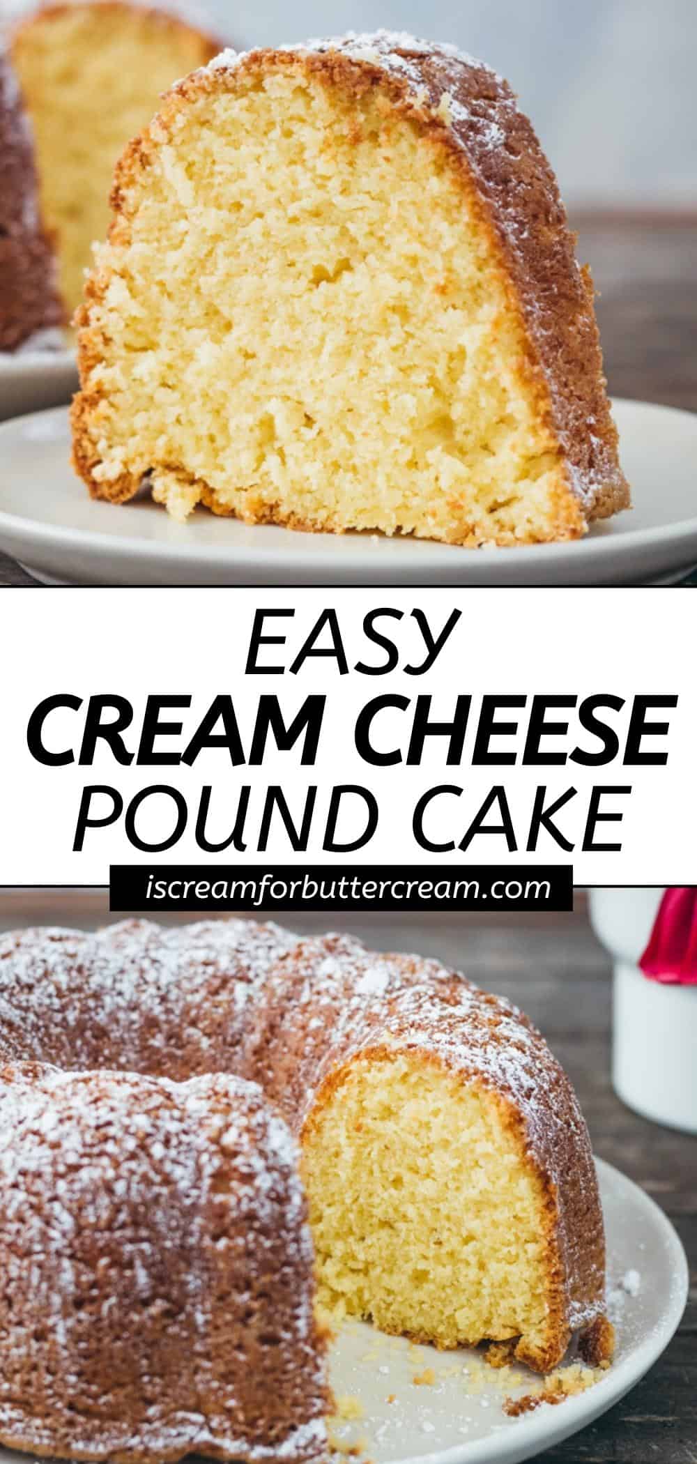 Pinterest graphic with two images of pound cake slices.