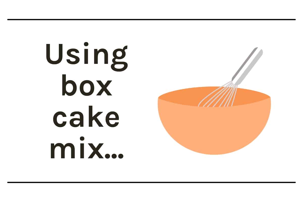 Graphic with whisk and bowl with text that says using box cake mix.