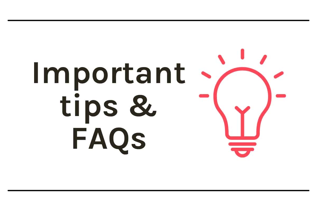 Graphic with light bulb and text that says important tips and faqs.