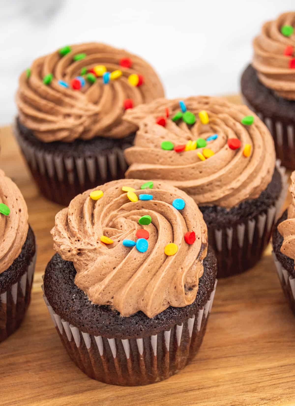 Whipped chocolate buttercream with sprinkles.