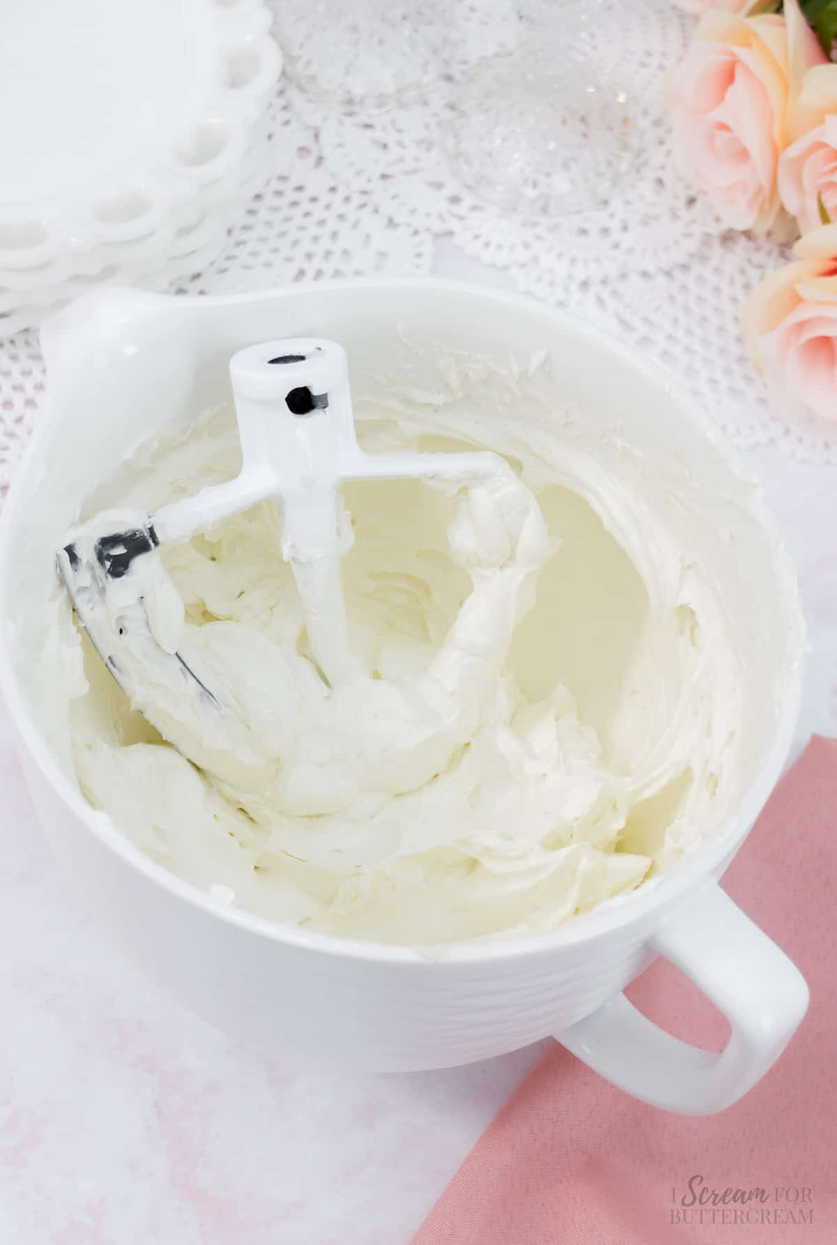Whipped buttercream in a mixing bowl.