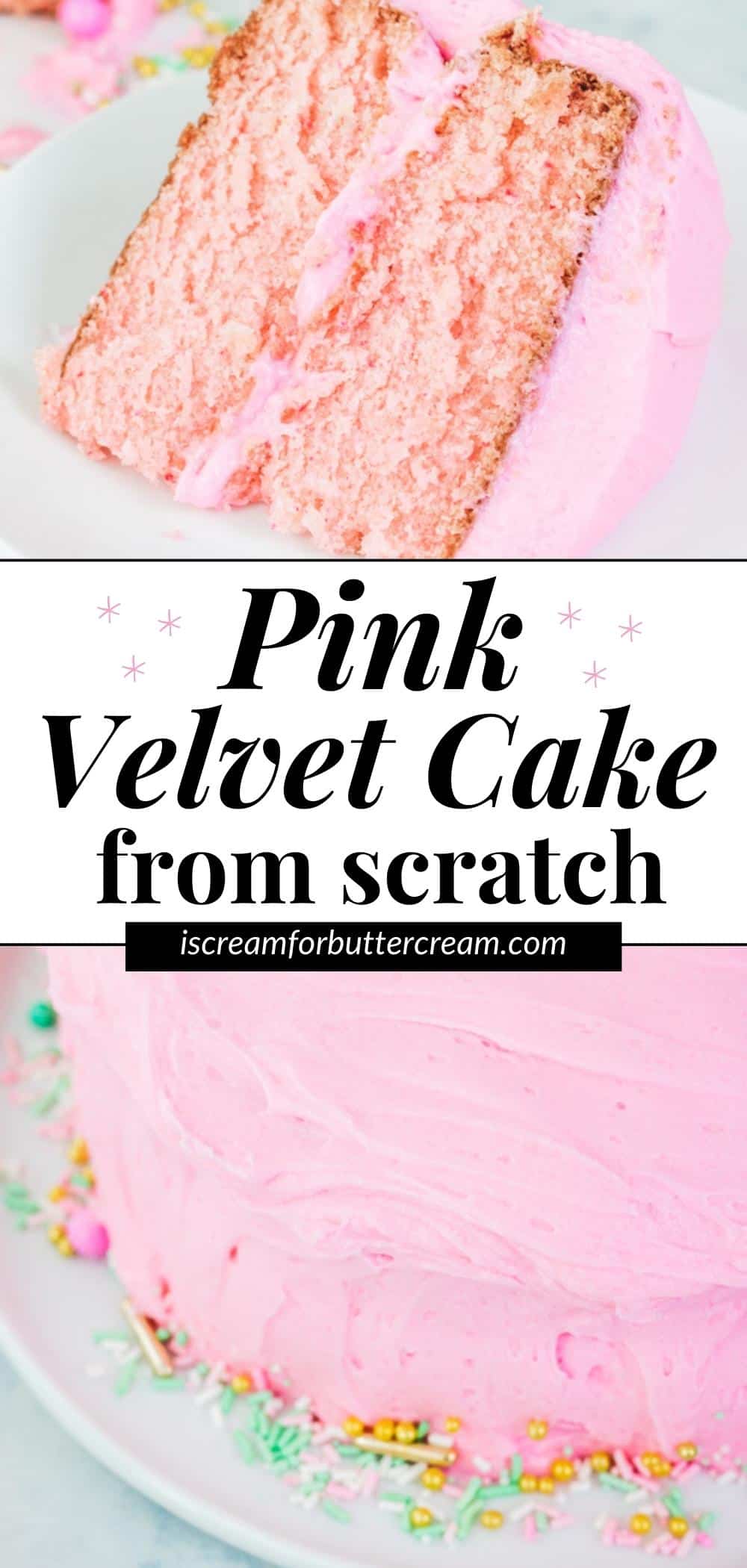 Pinterest graphic with two images of pink velvet cake with text overlay.