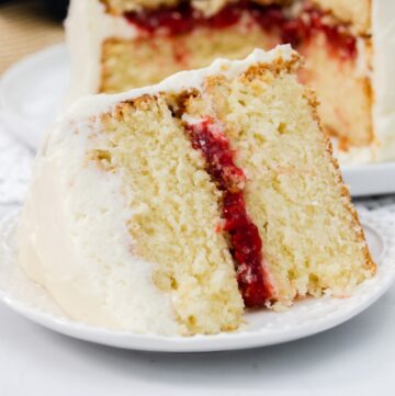 Featured image of a large slice of cake with strawberry filling.