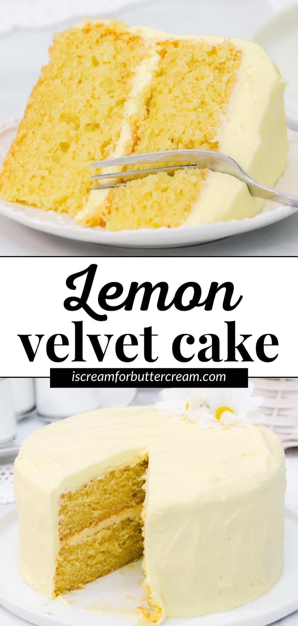 Pinterest collage with two images of lemon cake and text overlay.