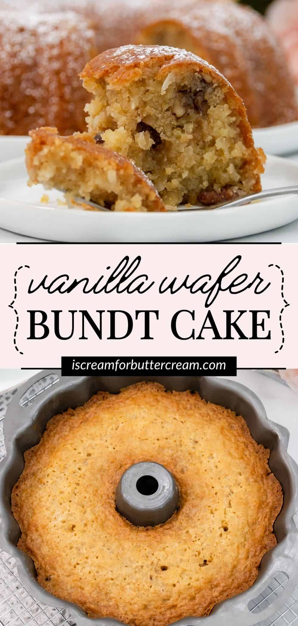 Collage of coconut and vanilla bundt cake with text overlay in the middle.