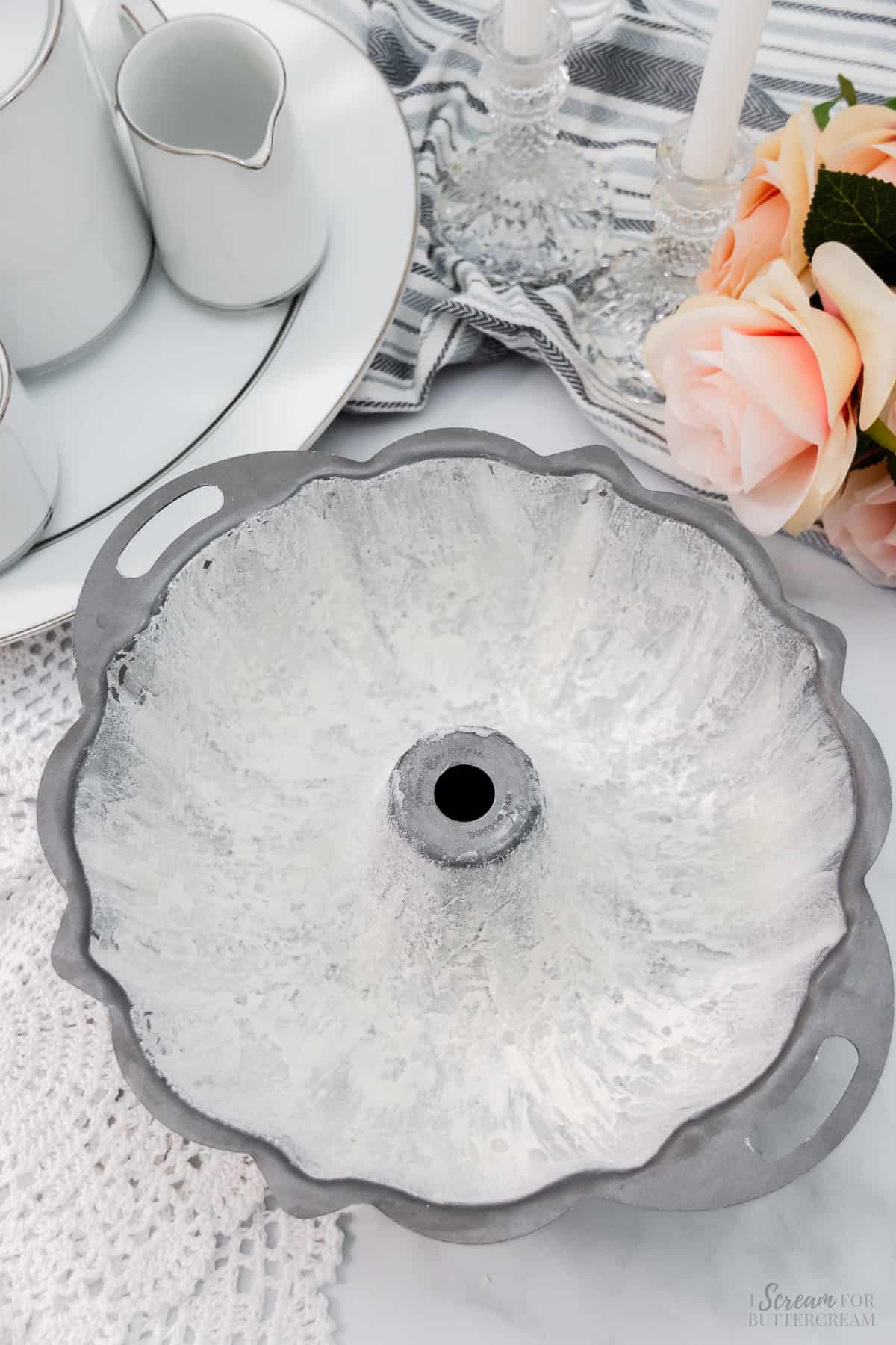 Image of a greased and floured bundt pan.