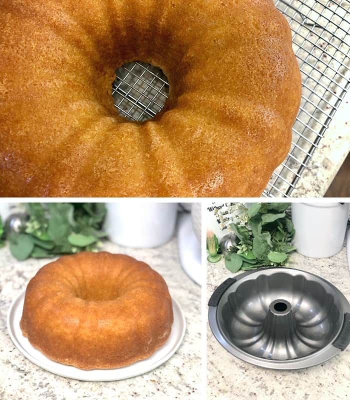 New bundt pan sitting on a countertop with a cake on a platter.