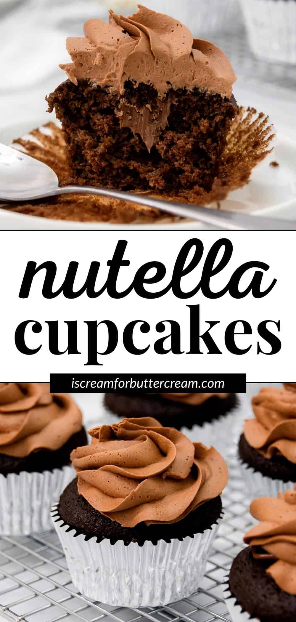 Collage with two images of nutella chocolate cupcakes with text overlay pin graphic.