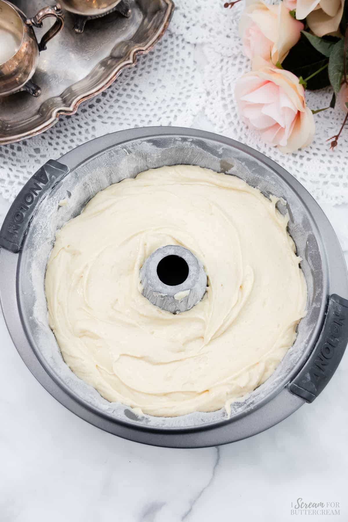 Buttermilk pound cake batter in a bundt pan.