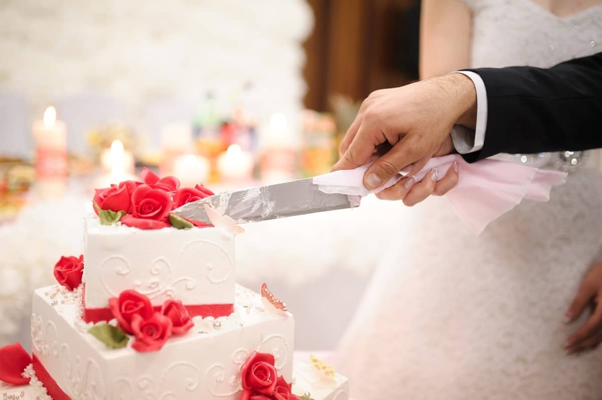 Bride and groom cutting a wedding cake.