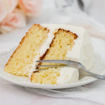 Wide image of layer cake in vanilla flavor on a plate with a fork.