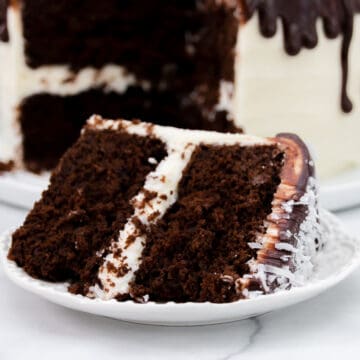 Wide image of large slice of coconut chocolate cake with cream cheese frosting on a white plate.