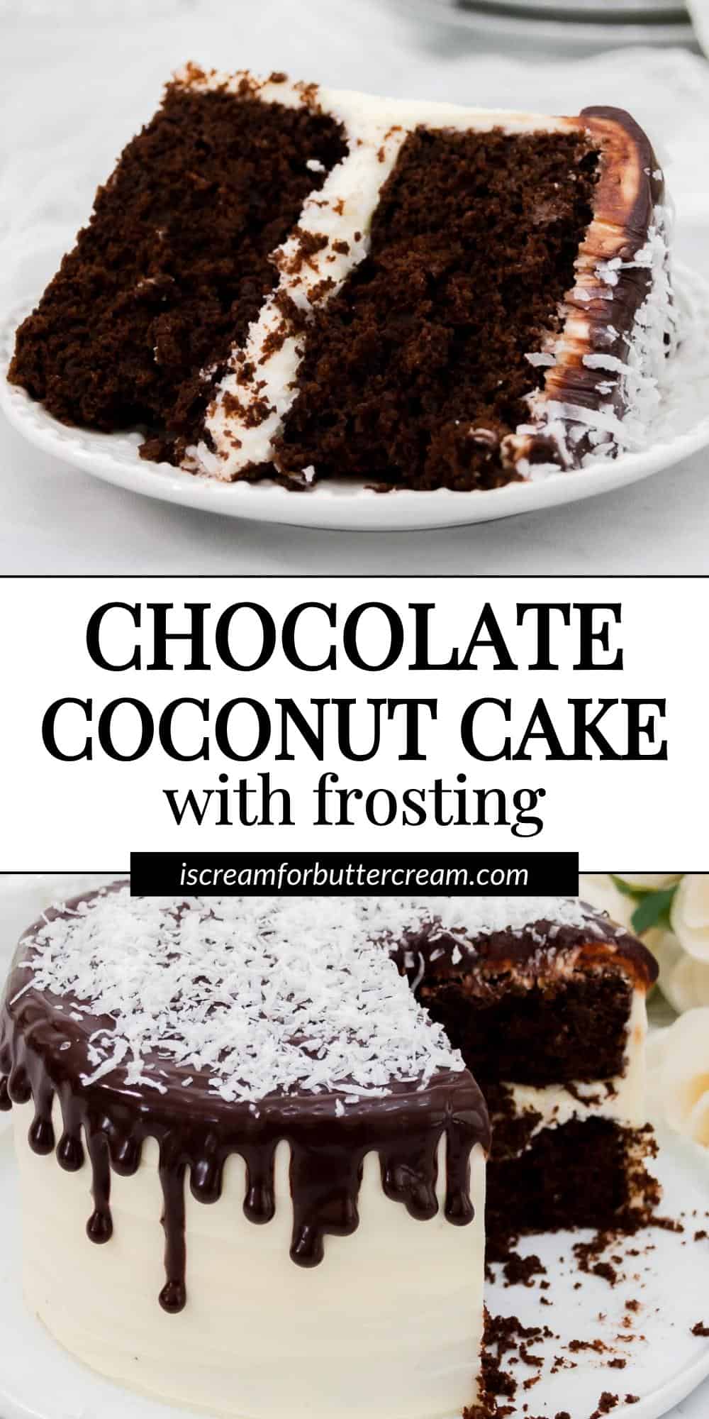 Collage image of two photos of chocolate cake with coconut and text overlay for a pin graphic.