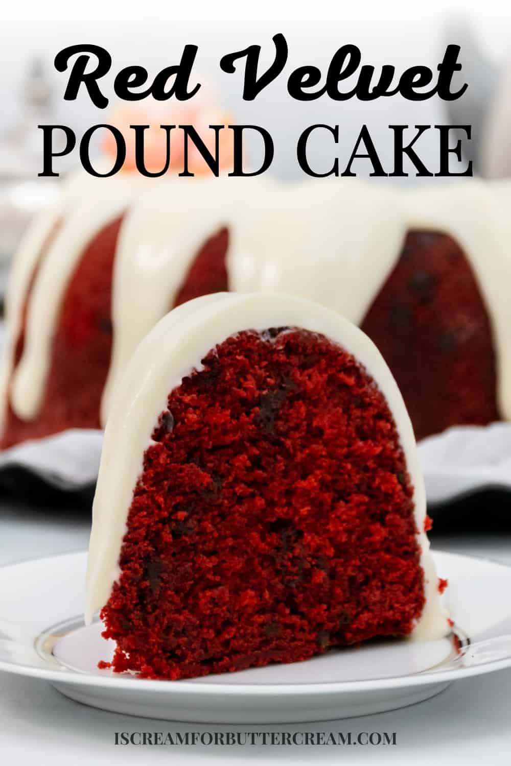 Pinterest image of slice of red pound cake with chocolate chips on a white plate with text overlay.
