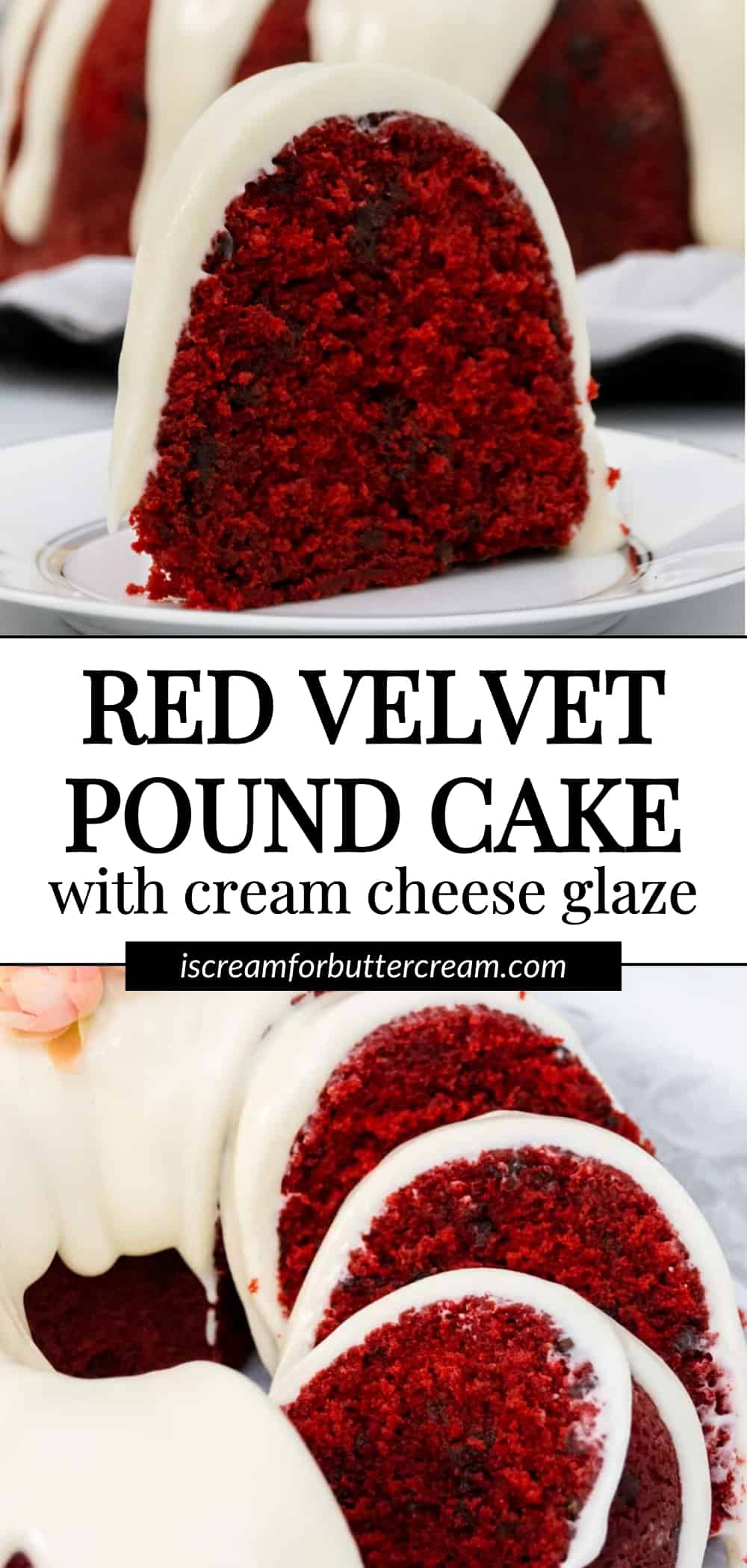 Two image collage with red velvet pound cake slices on white plates and text overlay.