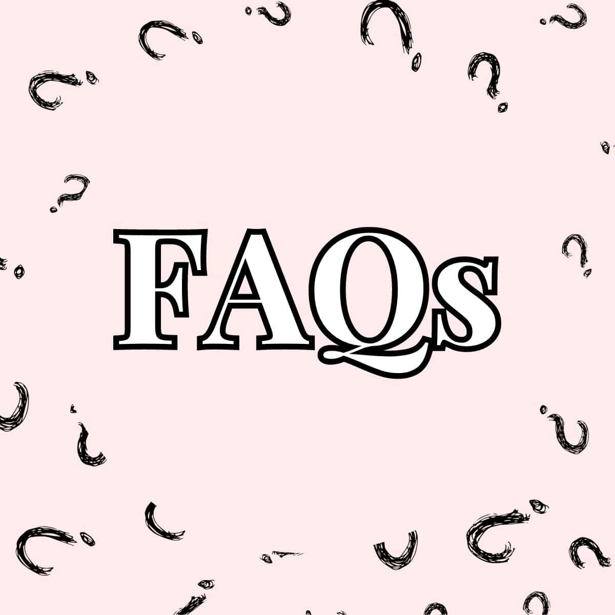 FAQ graphic with pink and question marks.
