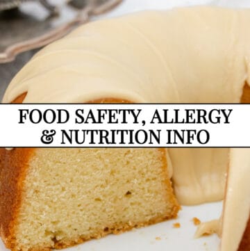 Vanilla bundt cake with text overlay that says food safety, allergy and nutrition info.