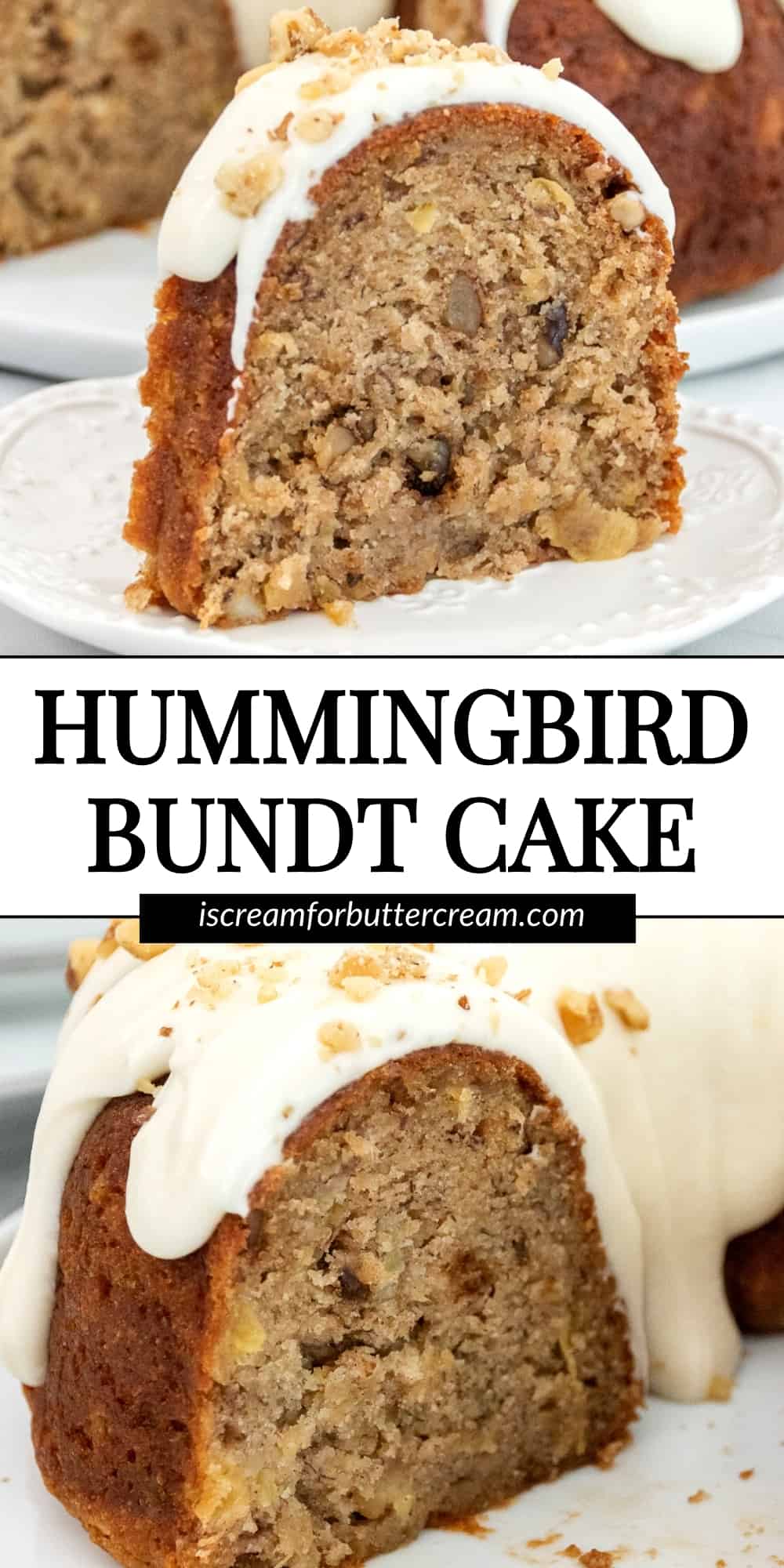 Pinterest image with slices of hummingbird cake with glaze and text overlay.