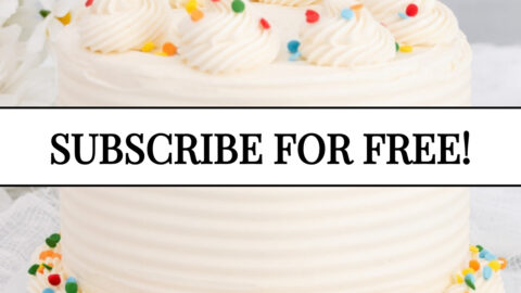 Vanilla cake with text overlay that says subscribe for free.