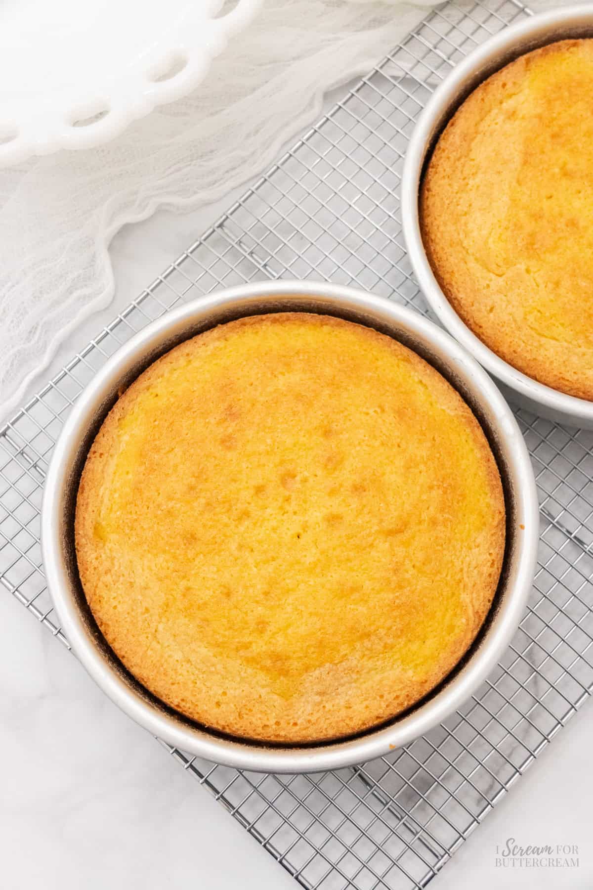 Baked lemon sour cream cake layers in cake pans on a cooling rack.