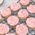 Top view of cupcakes decorated with pink buttercream.