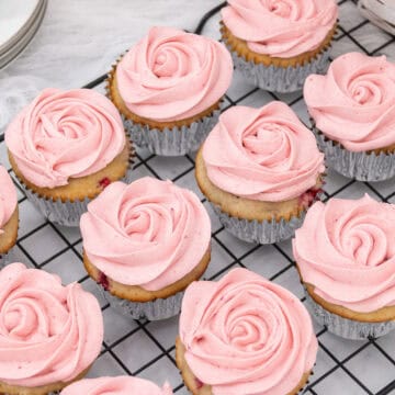 Top view of cupcakes decorated with pink buttercream.