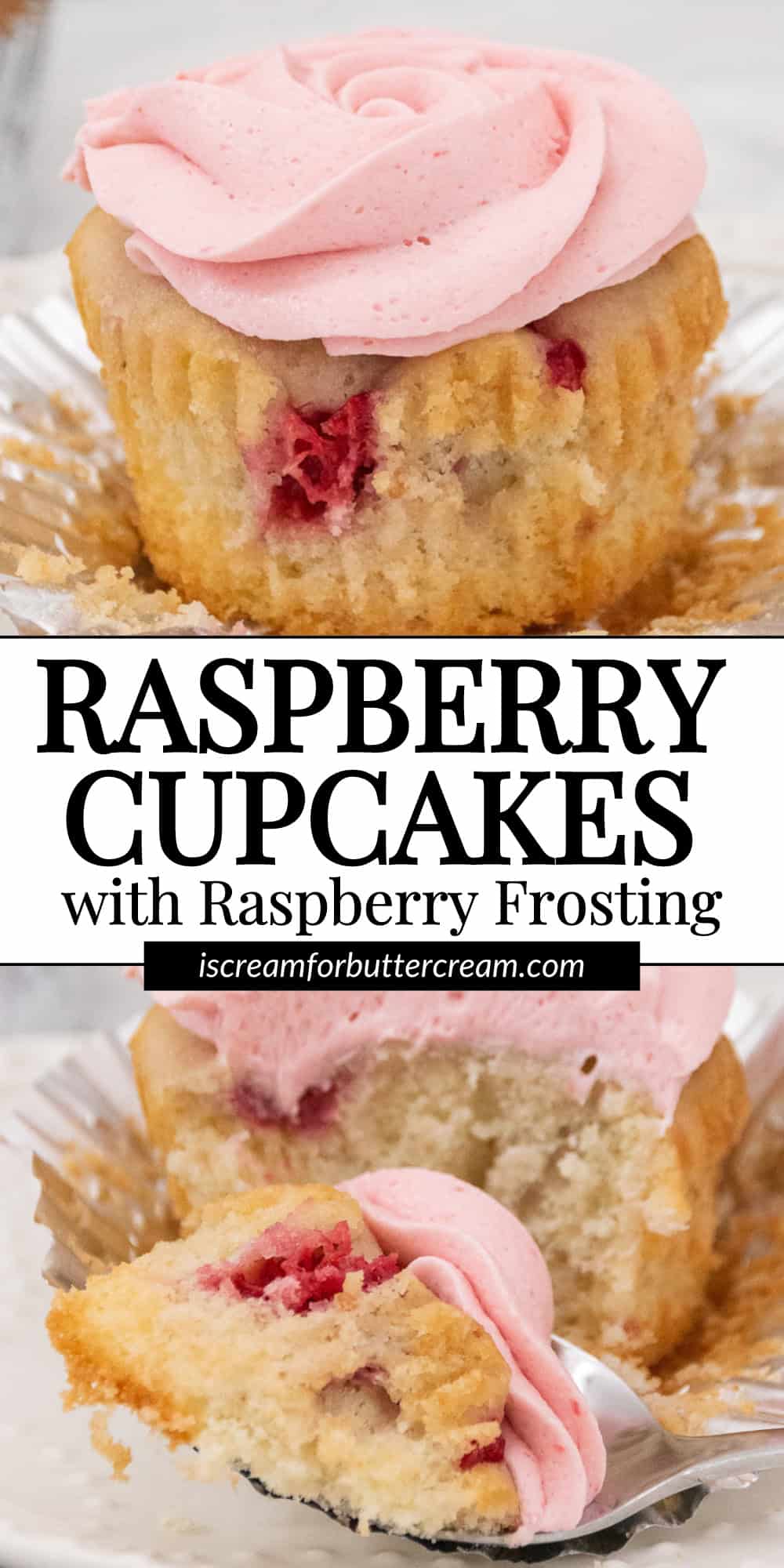 Collage image of raspberry cupcakes with frosting on white plates and a fork with text overlay that says raspberry cupcakes with raspberry frosting.