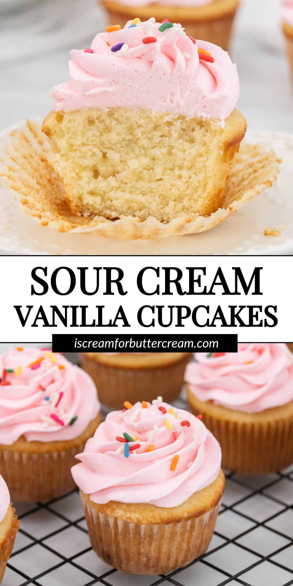 Pinterest graphic with two images of vanilla cupcakes with pink icing and text overlay.