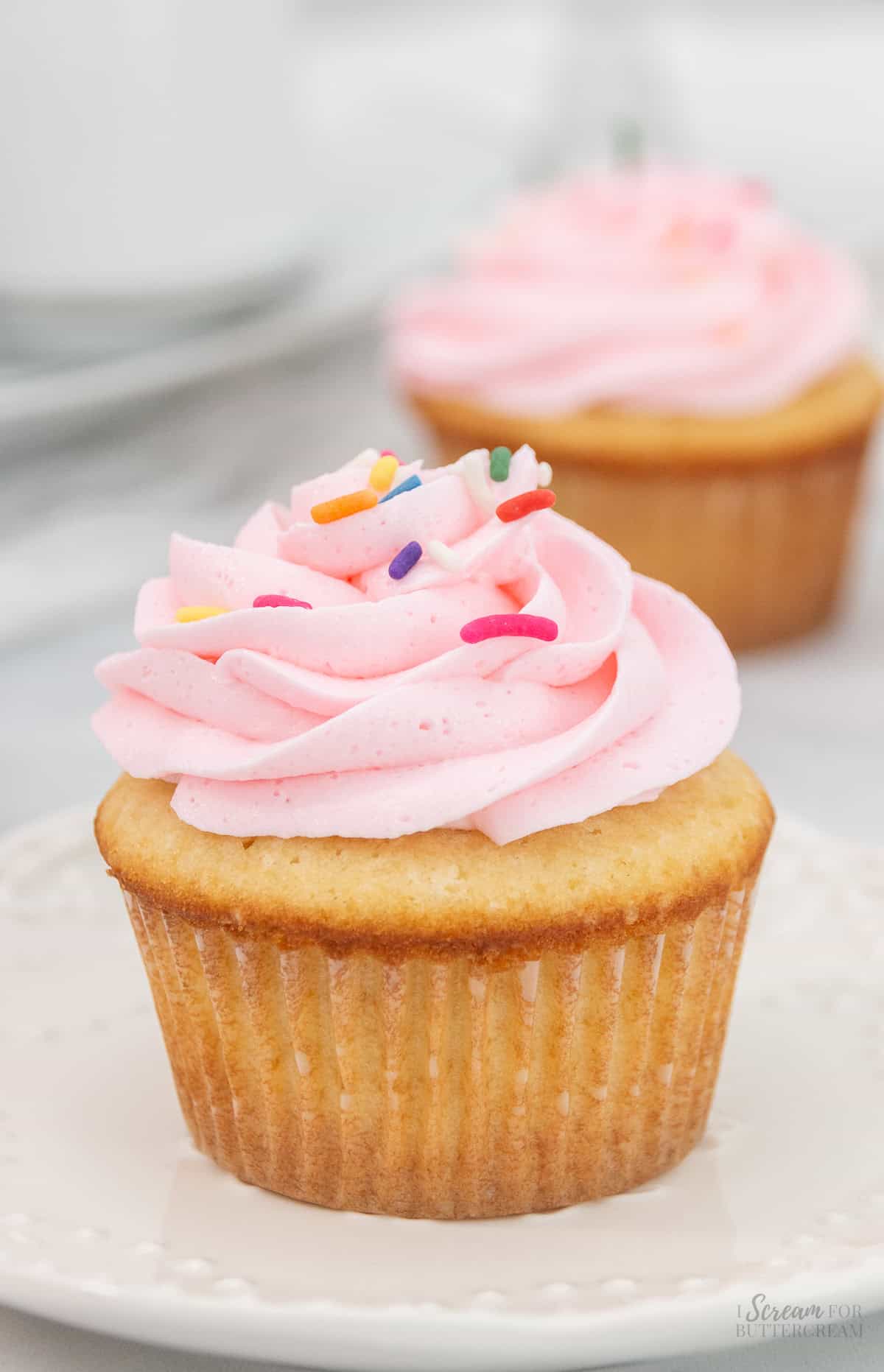 Close up of vanilla cupcake with frosting and sprinkles on a white plate.