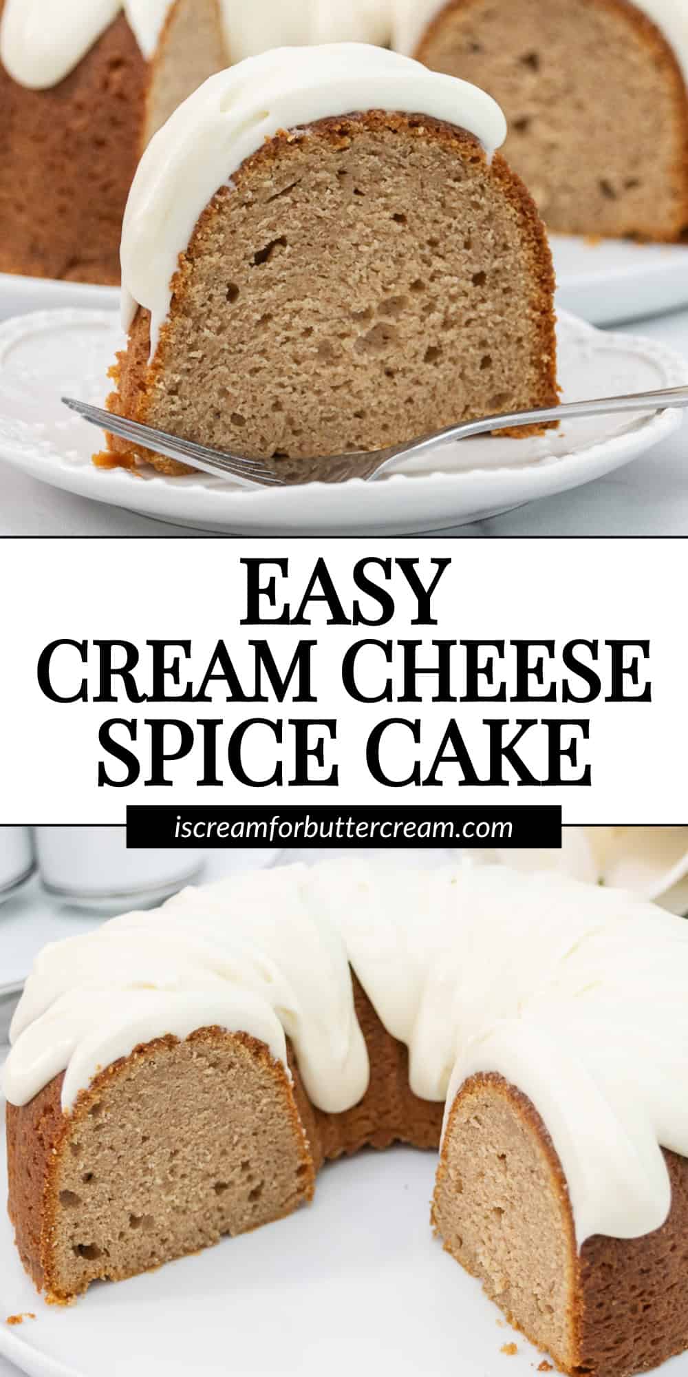 Pinterest graphic with a collage of two photos of spice cake with glaze and text overlay.