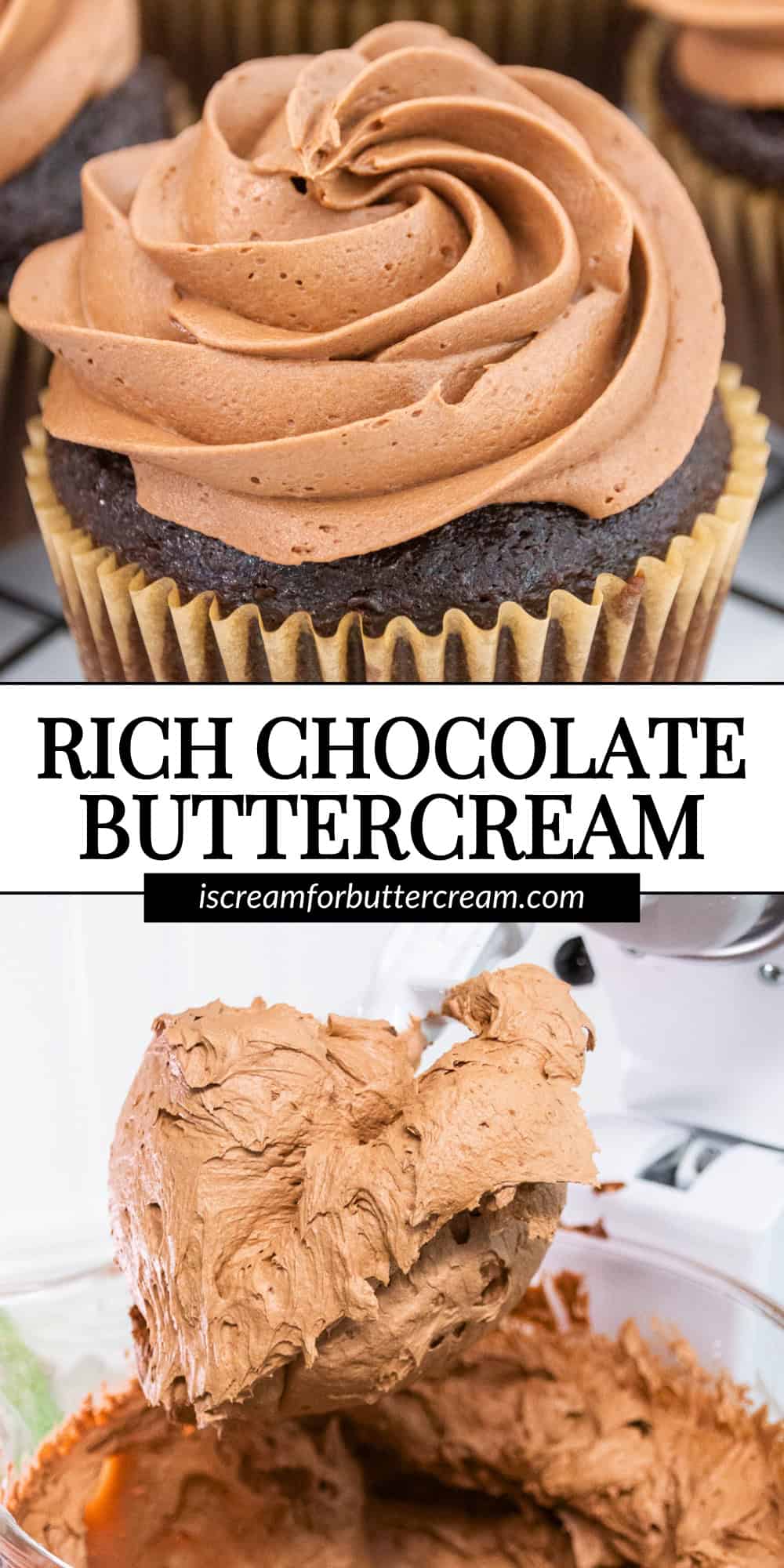 A collage image featuring a chocolate cupcake with a swirl of chocolate buttercream frosting on top, along with a close-up of a mixing bowl filled with creamy chocolate frosting, labeled "Rich Chocolate Buttercream".