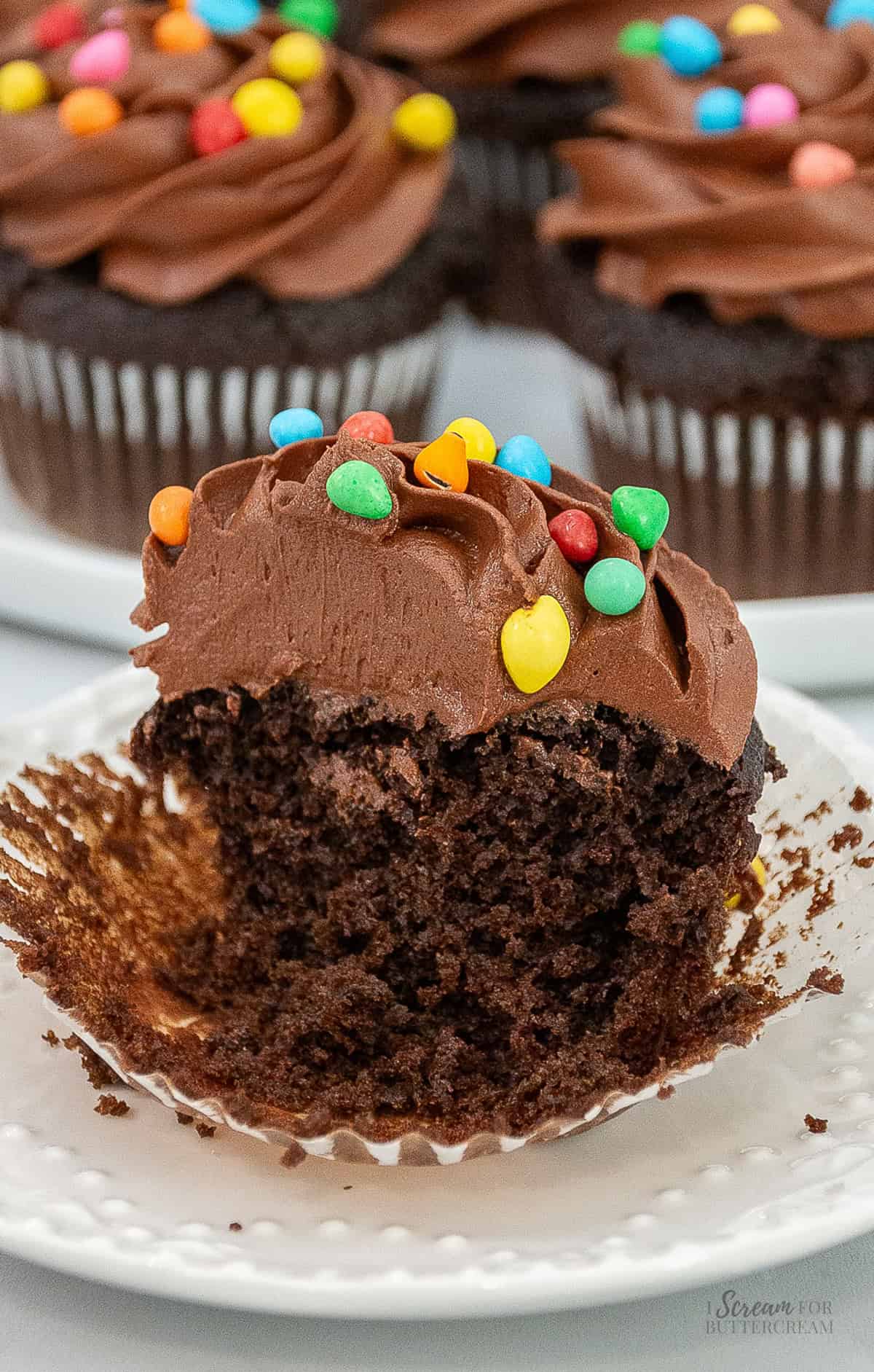 Chocolate cupcake with rich fudge frosting and colorful candy sprinkles, partially eaten and displayed on a white plate.