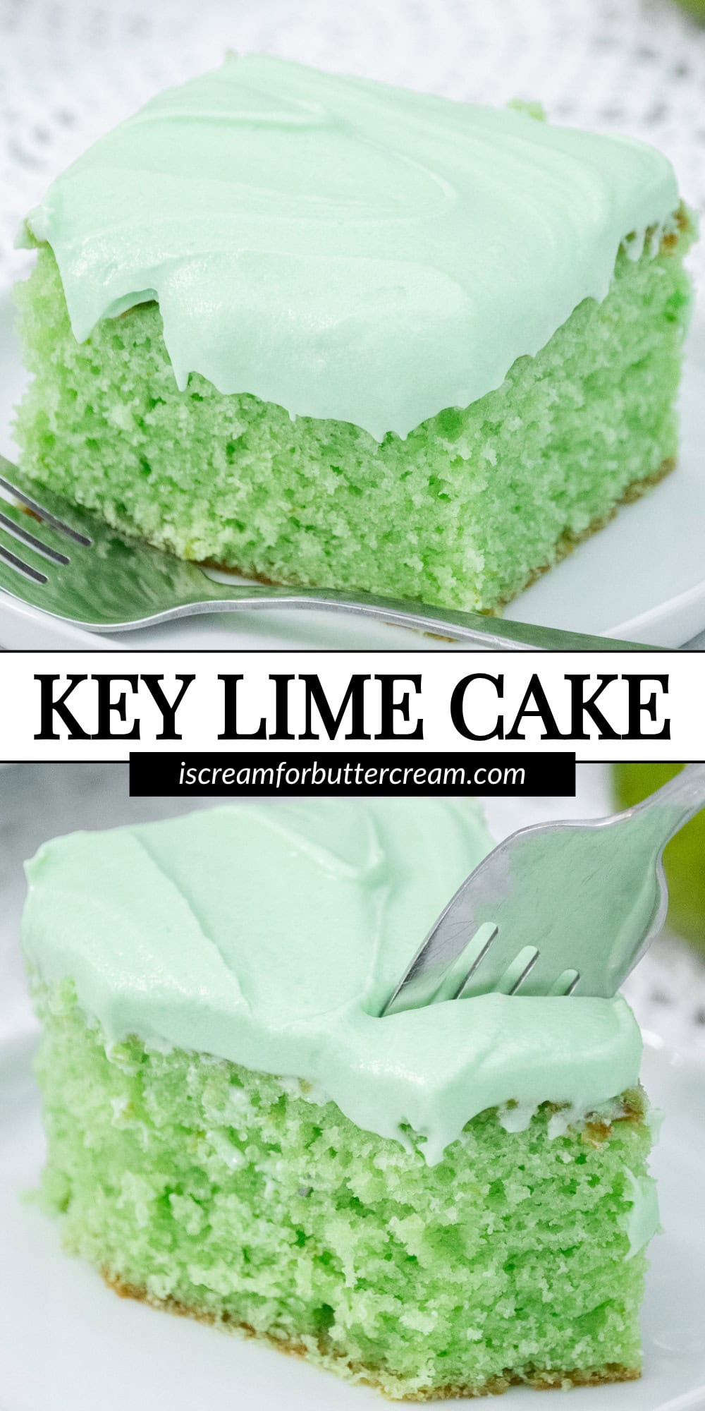 Two close-up shots of vibrant green key lime cake slices with fluffy green frosting and a fork.