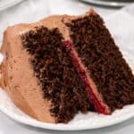 Slice of chocolate cake with chocolate frosting and raspberry filling on a white plate.