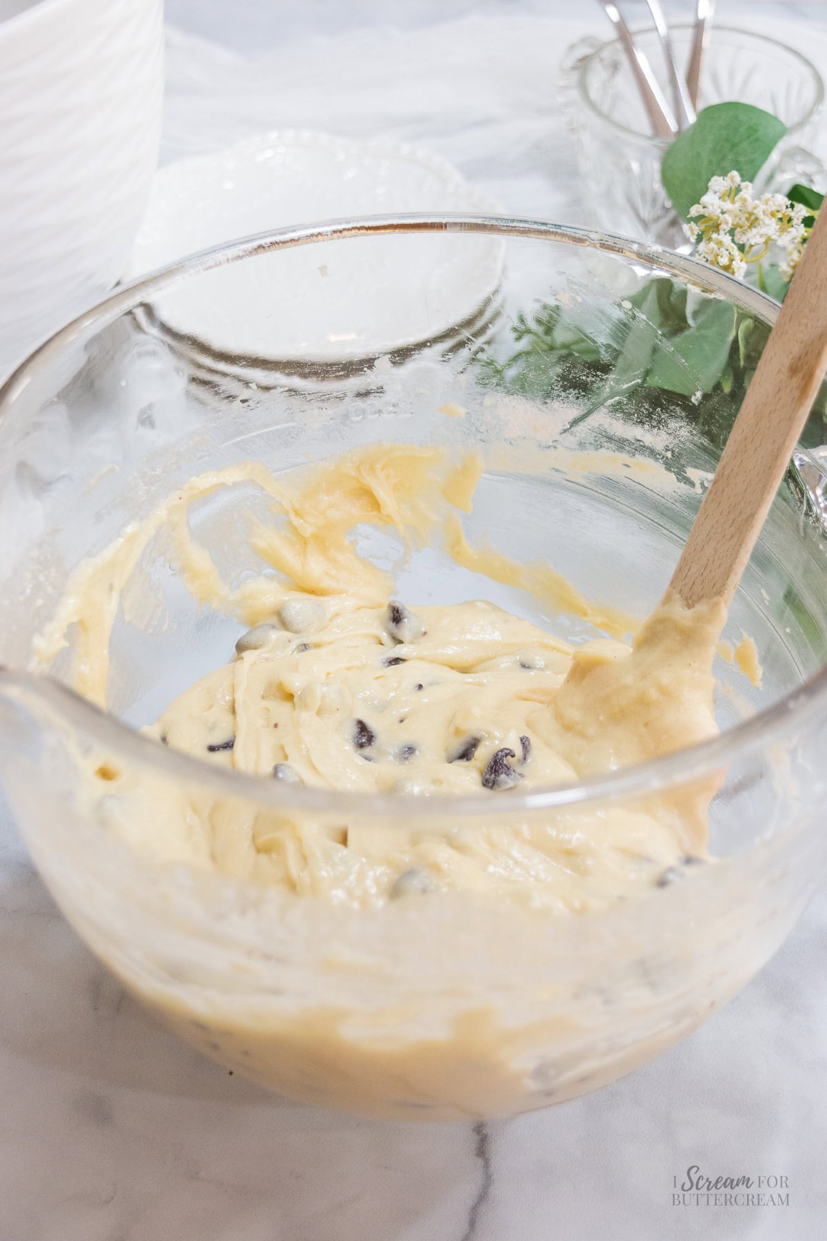 Chocolate chip coffee cake batter with chocolate chips folded in and ready for the pan.