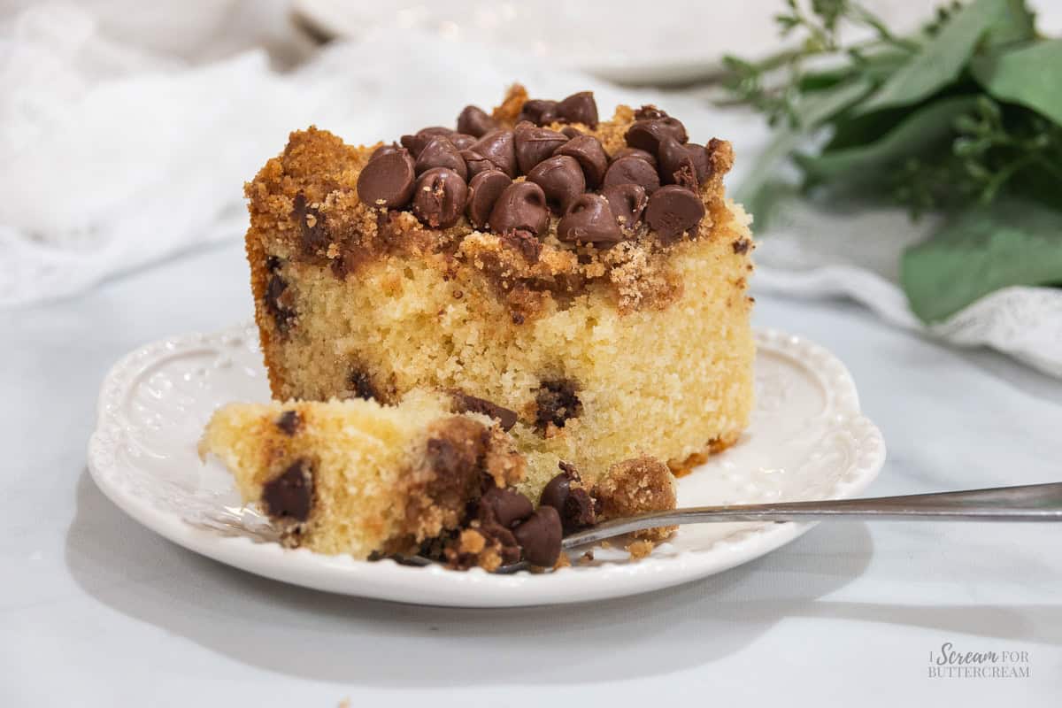 Chocolate chip coffee cake slice on a white plate with cinnamon crumb topping, chocolate chips, and a fork beside it.