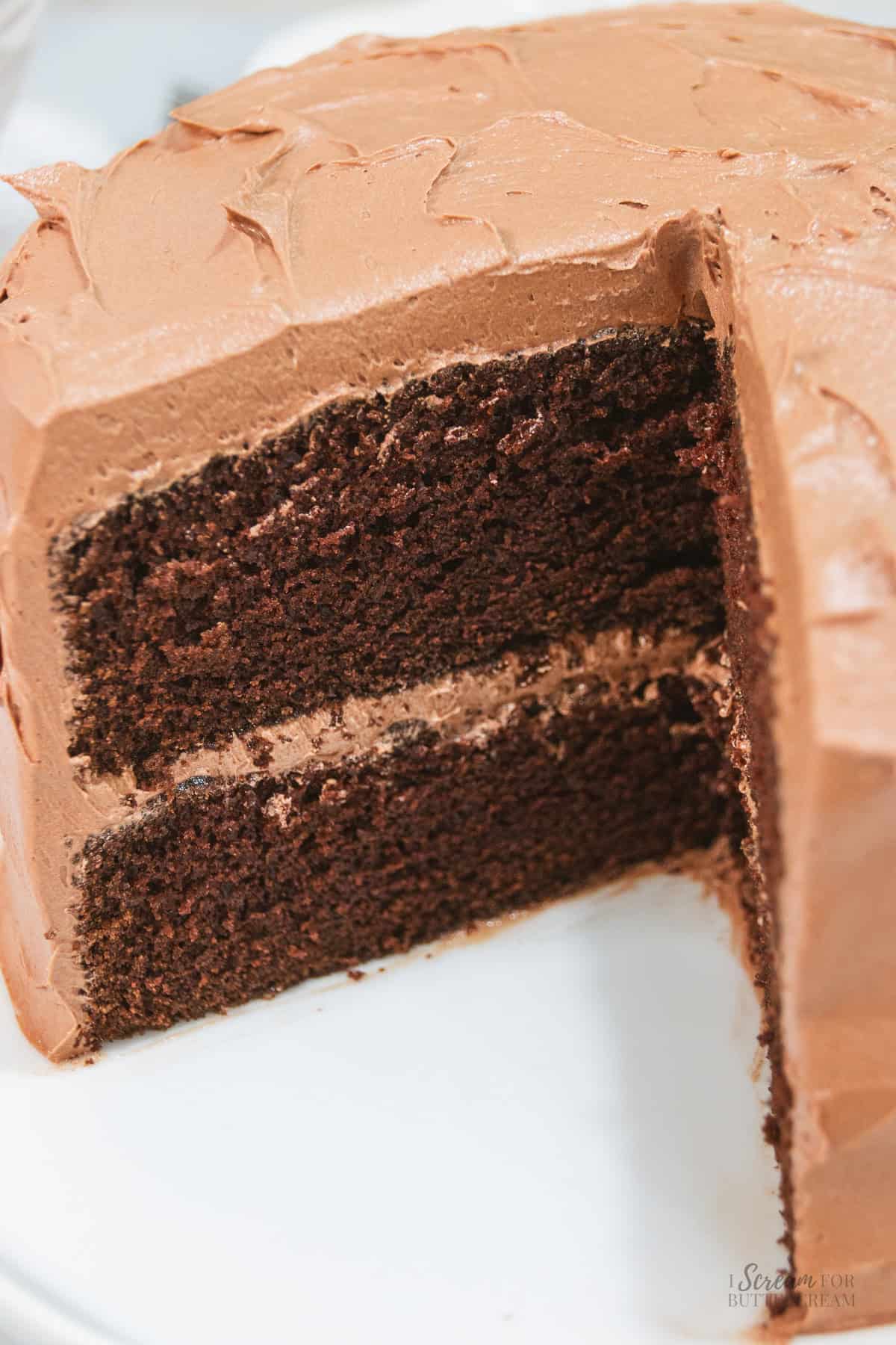 Chocolate Nutella layer cake with a slice removed, revealing moist chocolate cake layers and creamy Nutella buttercream filling.