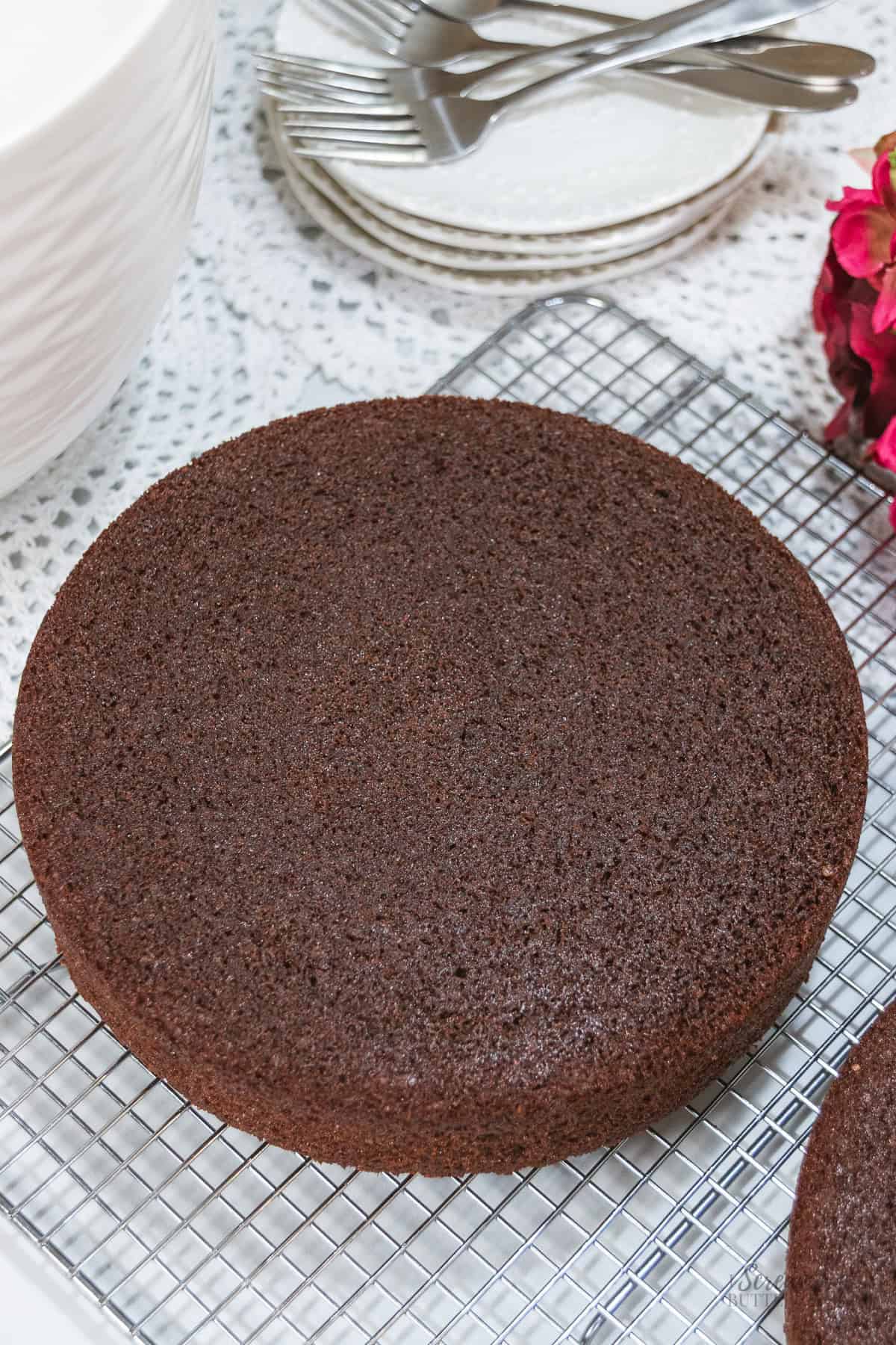 Baked chocolate Nutella cake layer cooling on a wire rack after being removed from the cake pan.
