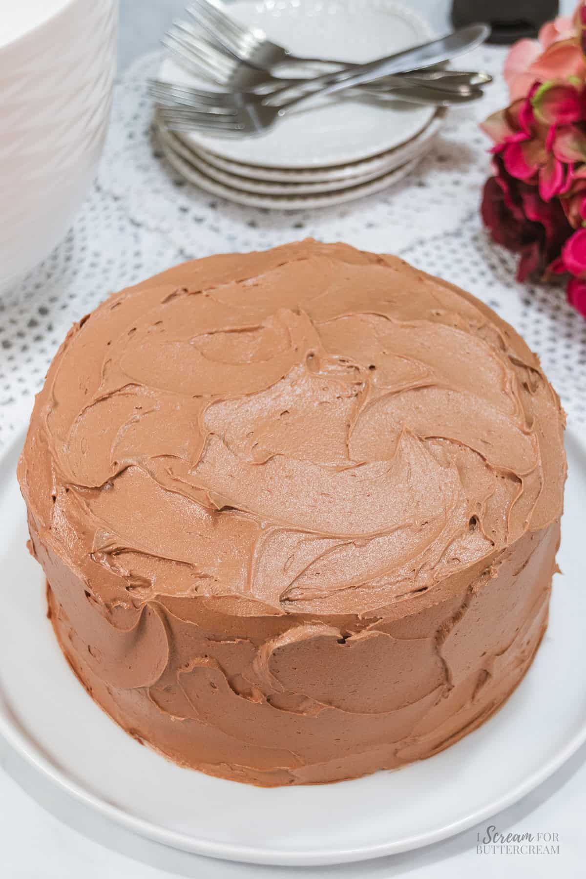 Chocolate Nutella layer cake frosted with smooth Nutella buttercream and finished with a rustic textured frosting design.