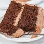 Chocolate Nutella layer cake with rich Nutella buttercream frosting, served on a white plate and showing a moist, tender chocolate crumb.