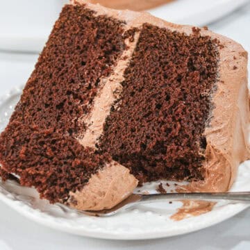 Chocolate Nutella layer cake with rich Nutella buttercream frosting, served on a white plate and showing a moist, tender chocolate crumb.