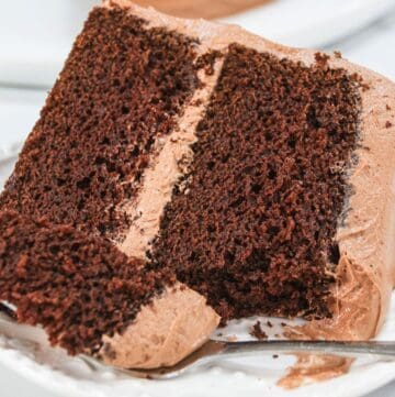 Close-up of a moist chocolate layer cake with chocolate buttercream frosting, showing the soft crumb and rich chocolate filling between layers.